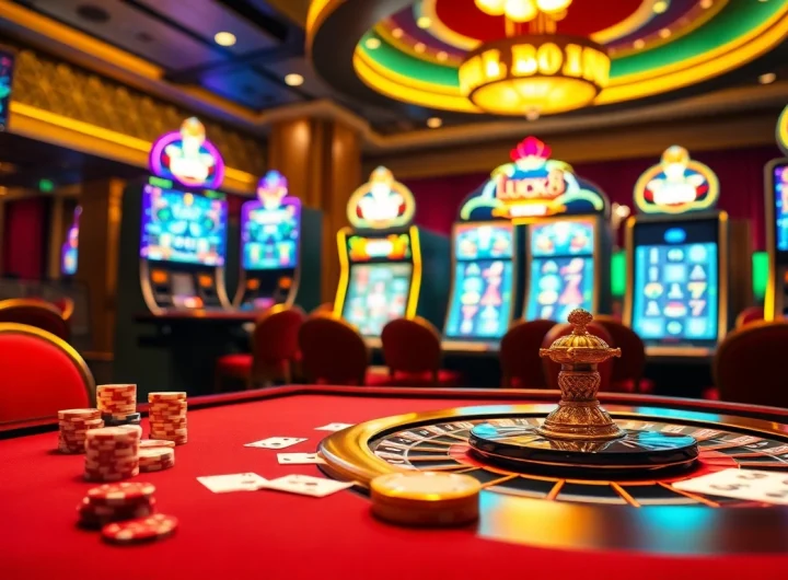LUCK8 casino scene showcasing poker chips and a roulette wheel in an elegant environment