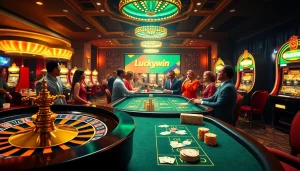 Luckywin casino scene showcasing vibrant gaming tables and lively players celebrating wins.