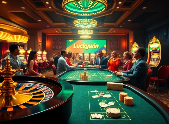 Luckywin casino scene showcasing vibrant gaming tables and lively players celebrating wins.
