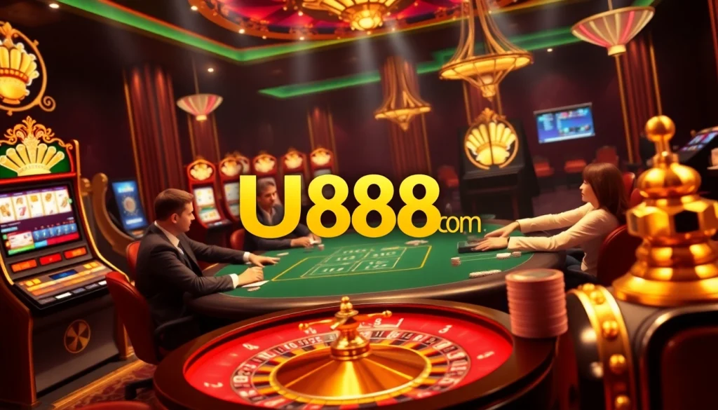 Winning hand at U888.com poker table in a luxurious casino setting.