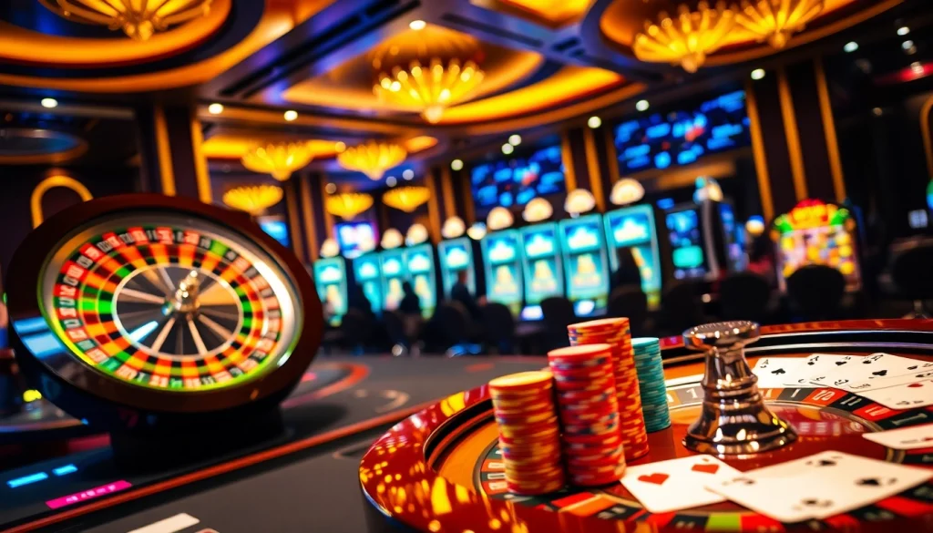 A lively casino scene highlighting betting excitement at https://789winlem.com/ with poker chips and roulette wheel.