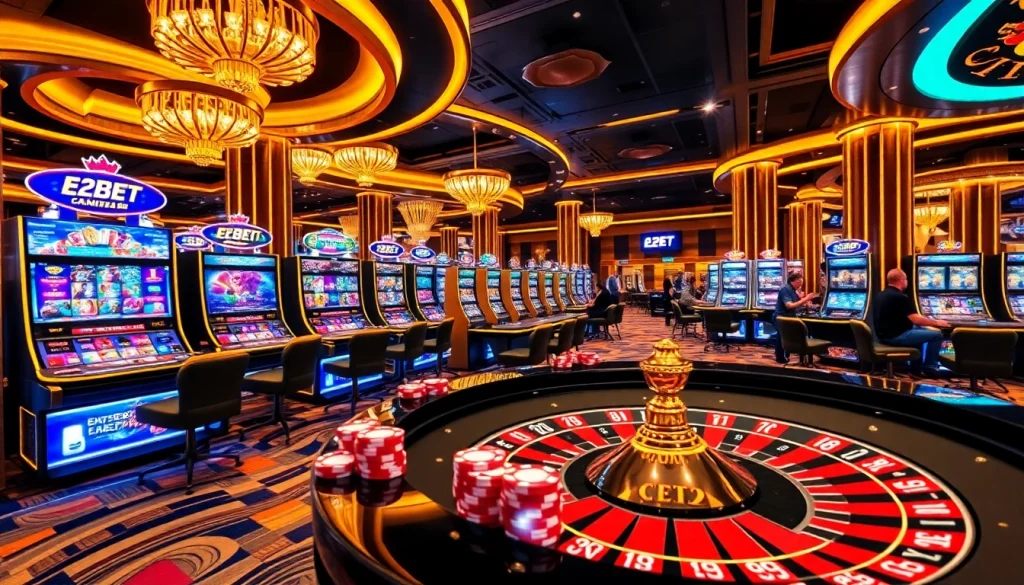 Experience the thrilling atmosphere at E2BET.com with live dealer games and vibrant slot machines.