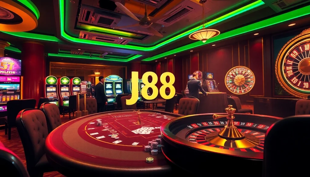Exciting gaming action at J88's luxurious casino table with poker chips and cards.