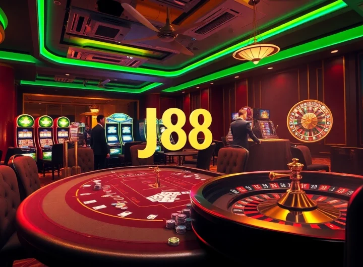 Exciting gaming action at J88's luxurious casino table with poker chips and cards.
